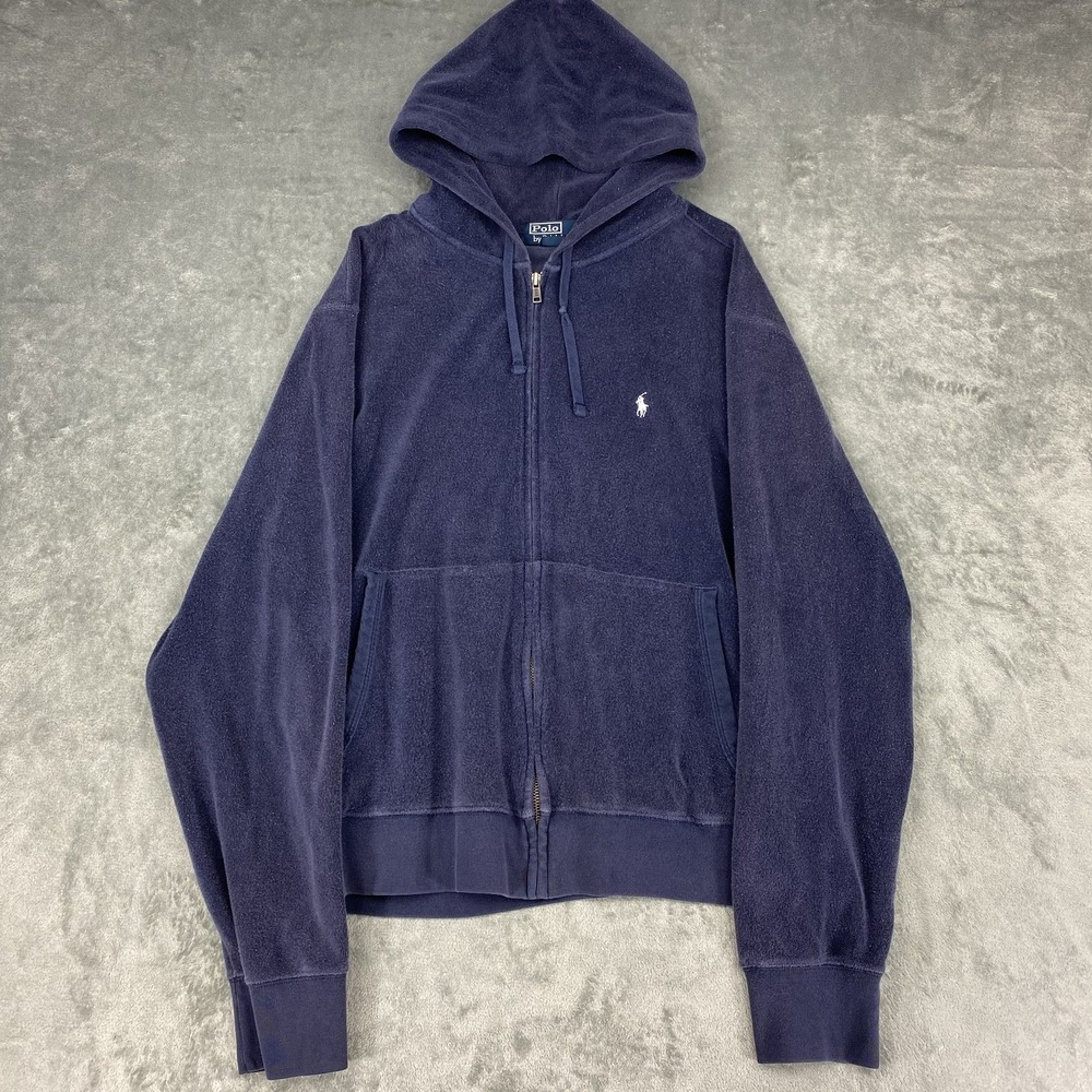 Vintage Polo Ralph Lauren Hoodie Mens XL Blue Terry Cloth Crop Sweatshirt Y2k